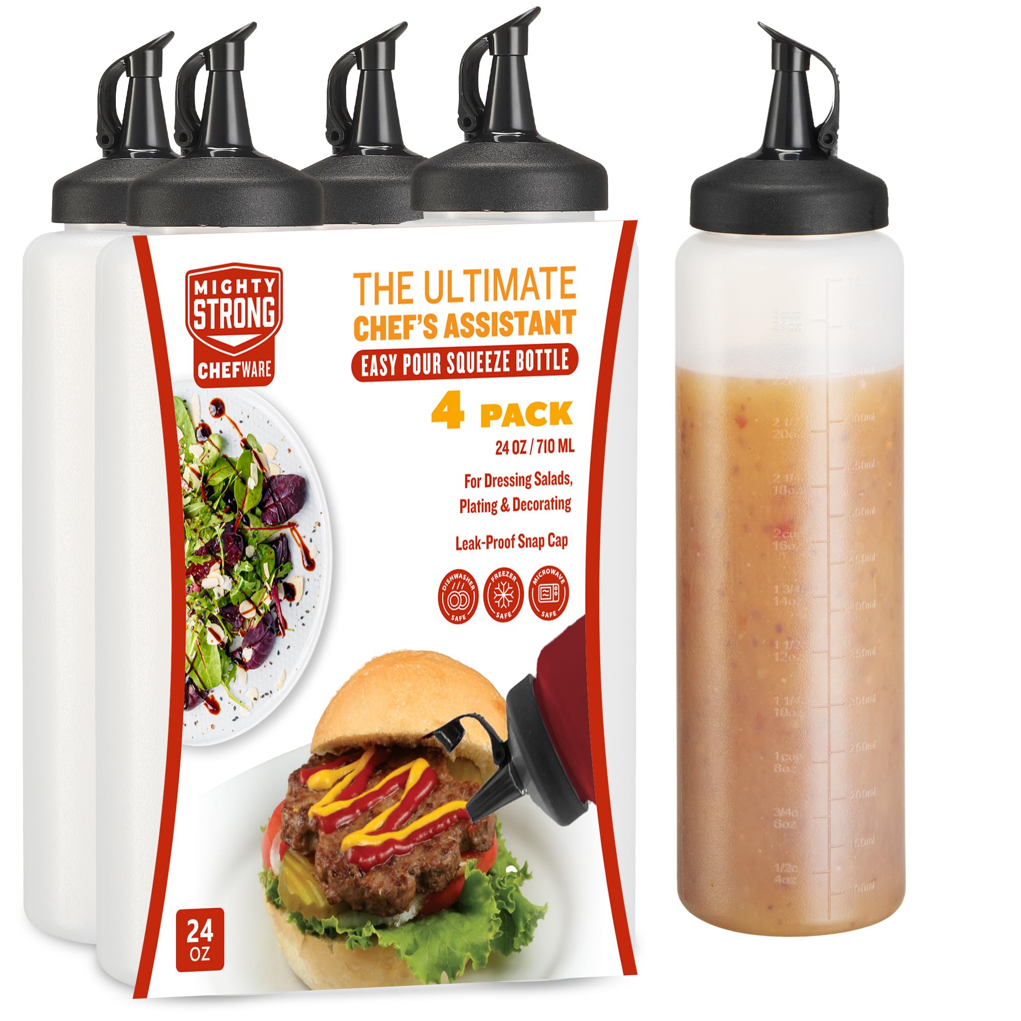 4 Pack Condiment Squeeze Bottles for Sauces - 24 Oz Squirt Bottles for Liquids, Easy Pour Sauce Bottles with Leak Proof Snap Cap, Condiment Bottles, Plastic Squeeze Bottles for Liquids, Ketchup, Oil