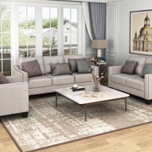 3Pieses Mid-Century Modern Sofa Sets Linen Fabric Tufted Back Sofa&Couch Include 3 Seaters Couch, Loveseat and Armchair with Rivets Rivets for Home Apartment Office Living Room