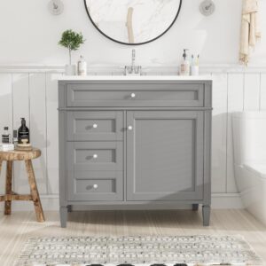 yoptote 36 Inch 30 Bathroom Vanity with Sink,Modern Freestanding Bath-Room Storage w/ 2 Tip-Out Drawer,Soft Closing Cabinet Door Organizer,Adjustable Shelf, B2-Gray-Basin Include