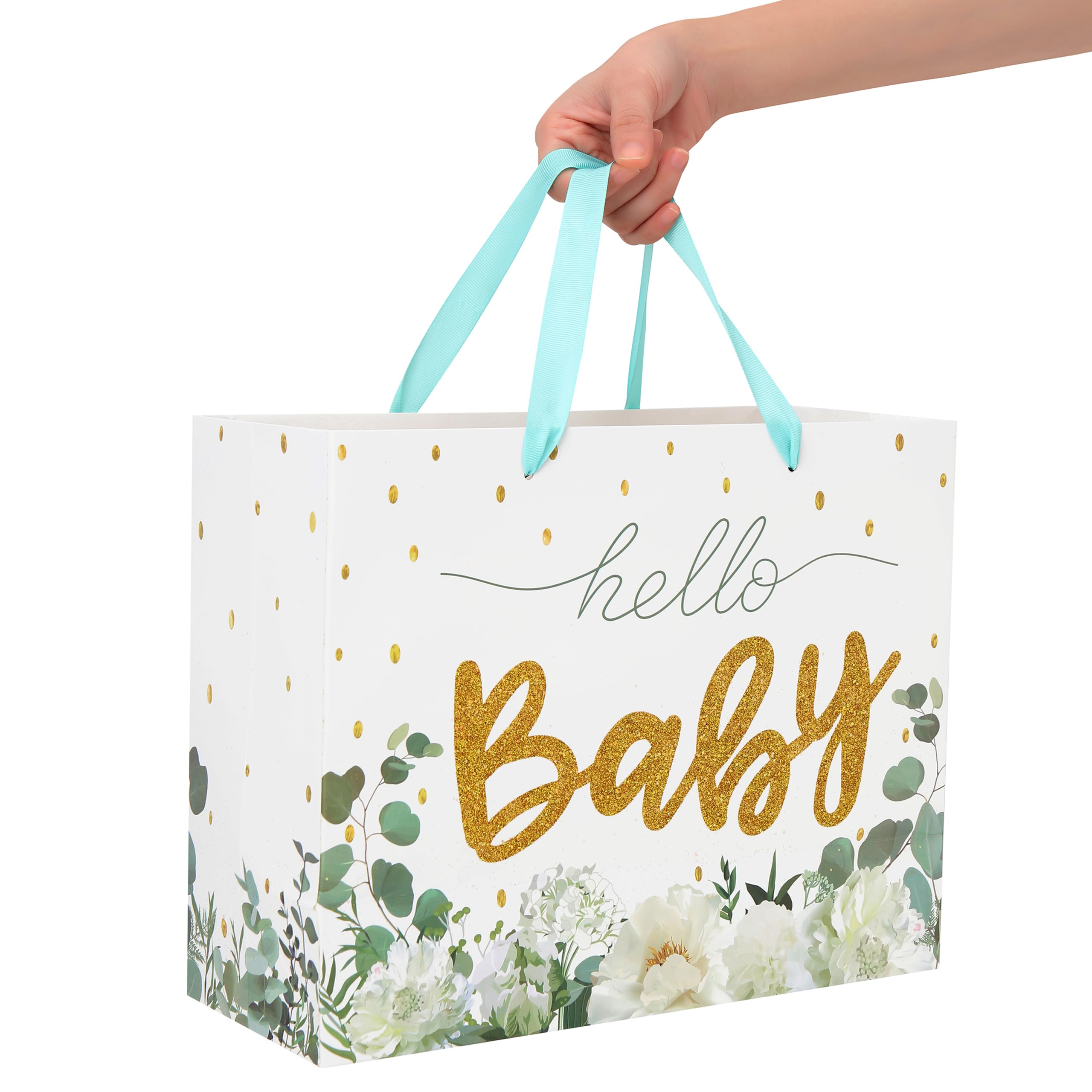 13" Large White Gift Bag Set with Greeting Card and Tissue Papers (Gold Glitter ‘Baby’) for Girls' Birthday Party, Women's Birthday Parties, Baby Shower, Baby Girl or Boy - 13”x5.2”x10.2”, 1 Pcs.