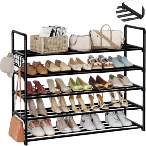 homicker metal shoe organizer,5 tiers shoe storage shoe rack with hooks,fit 20-25 pairs,adjustable shoe shelf for entryway,hallway,bedroom,metal bottom support