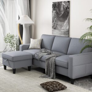 ZeeFu Convertible Sectional Sofa Couch: 78'' Light Gray 3 Seat L-Shaped Sofa Couches with Storage Ottoman - Modern Linen Fabric Upholstered Furniture Sofa for Living Room Office Small Space Apartment