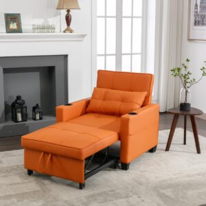 NicBex Futon Chair Bed Convertible Chair 3-in-1 Pull Out Leather Sleeper Chair Beds with USB Ports, Wear-Resistant and Anti-Scratch, Armchair Bed Sleeper for Living Room, Apartment, Orange