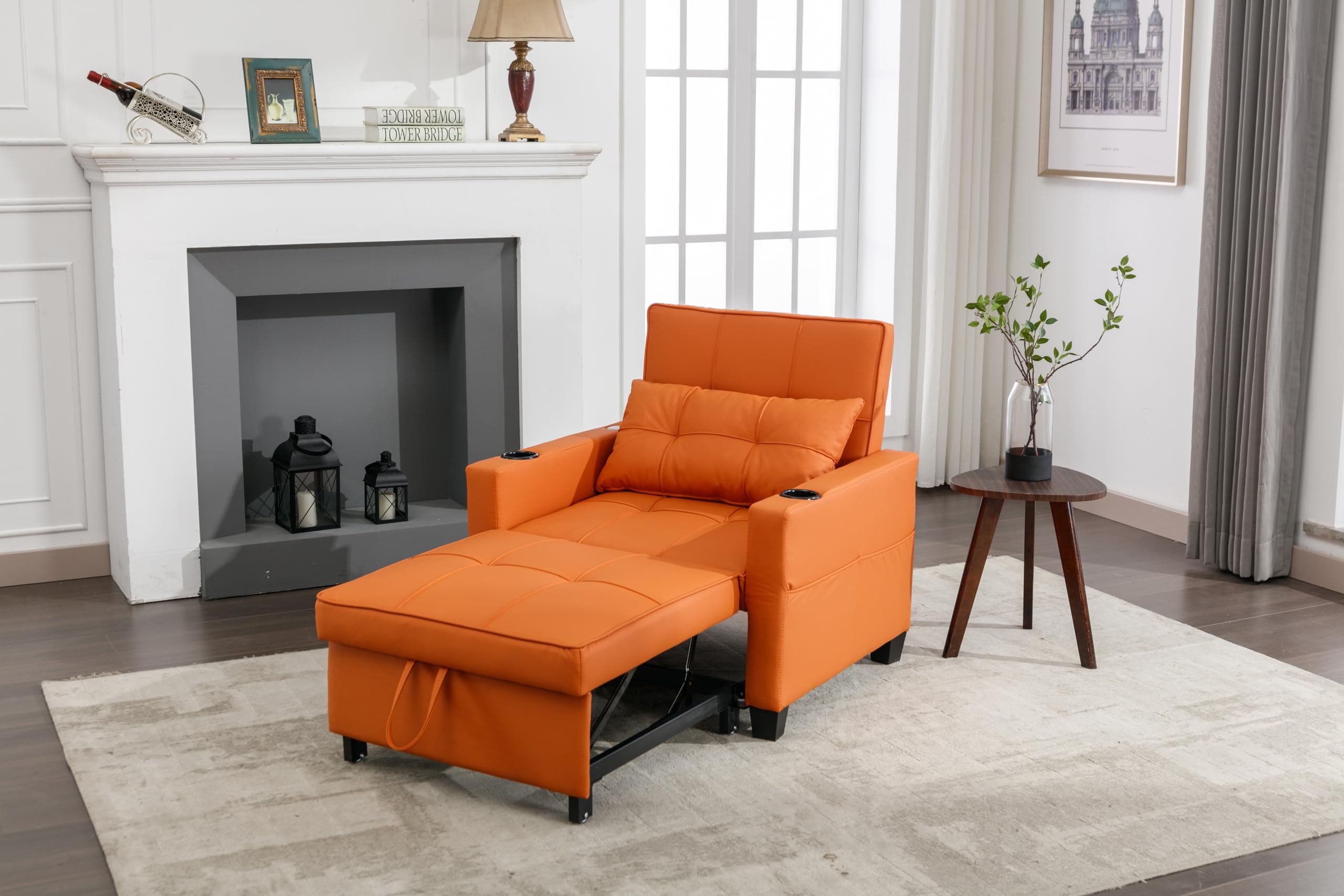 NicBex Futon Chair Bed Convertible Chair 3-in-1 Pull Out Leather Sleeper Chair Beds with USB Ports, Wear-Resistant and Anti-Scratch, Armchair Bed Sleeper for Living Room, Apartment, Orange