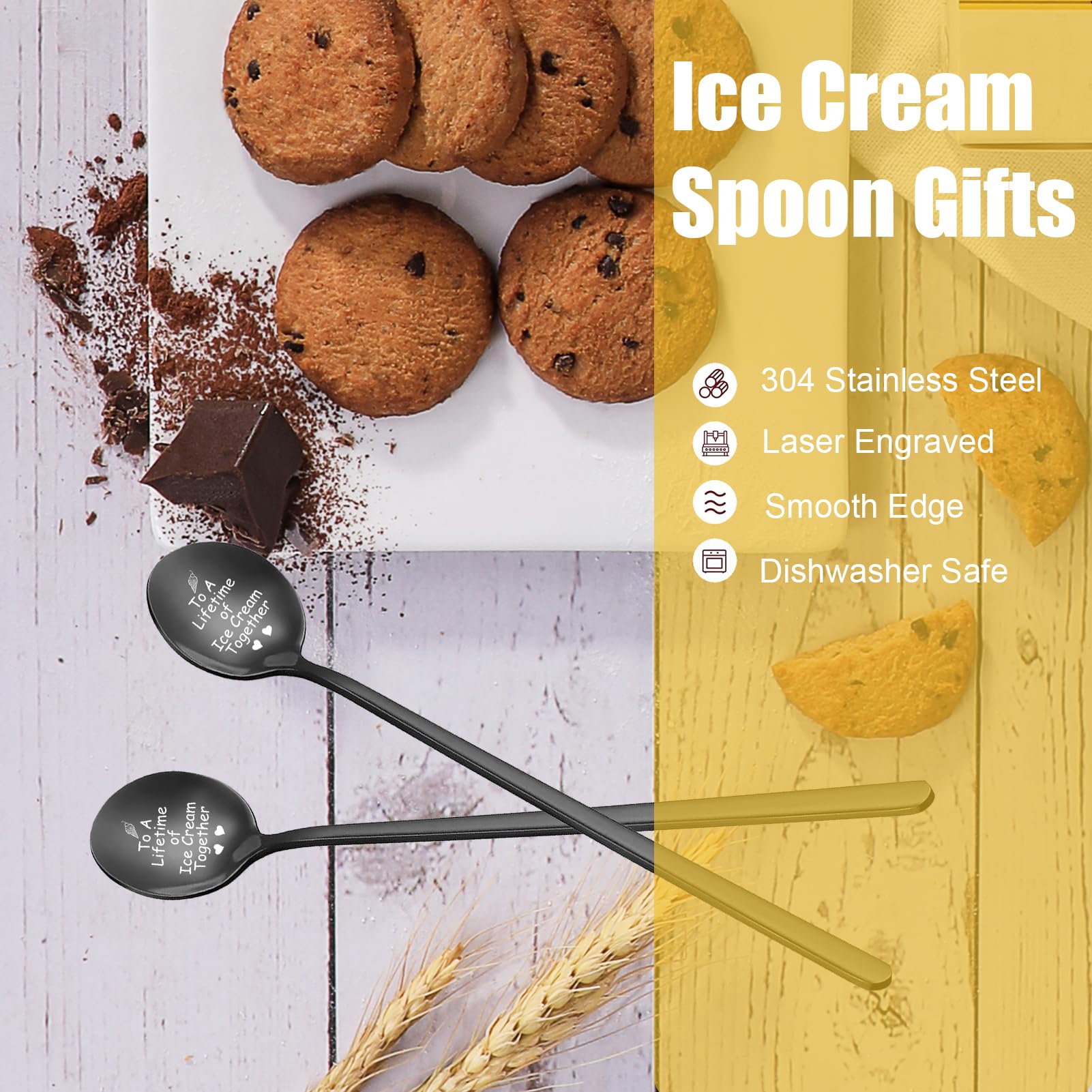 To A Lifetime of Ice Cream Together Gifts For Couple, 2PCS Spoon Christmas Wedding Gifts For Couple,Anniversary Birthday Valentine’s Day Gifts For Lover,Unique Wedding Engagement Gifts (BLACK)