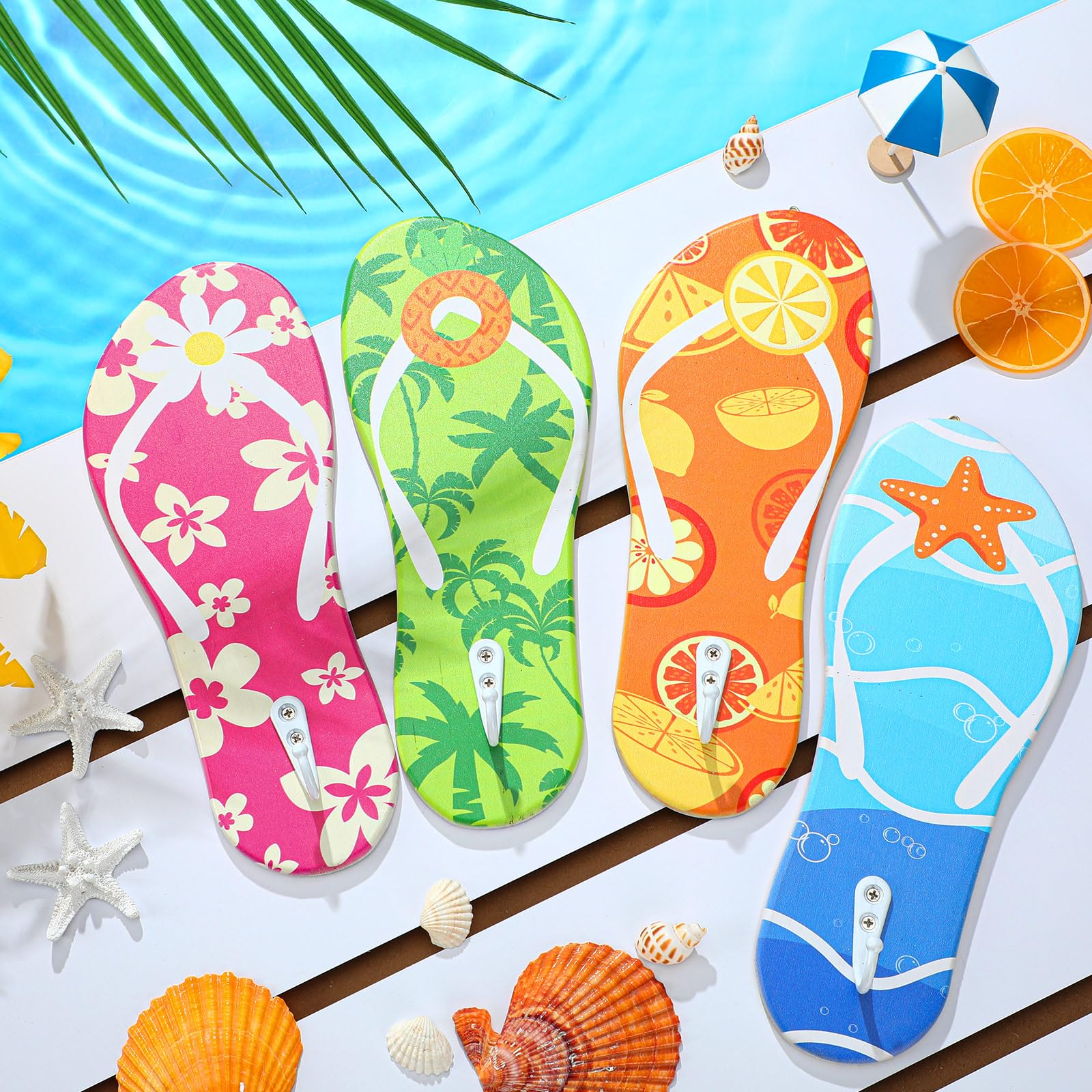 4 Pcs Hawaiian Pool Towel Hooks Wooden Ornament Hooks Hawaii Decorative Wall Hooks Towel Rack Hangers for Beach Swimming Pool Bathroom Bedroom Decoration