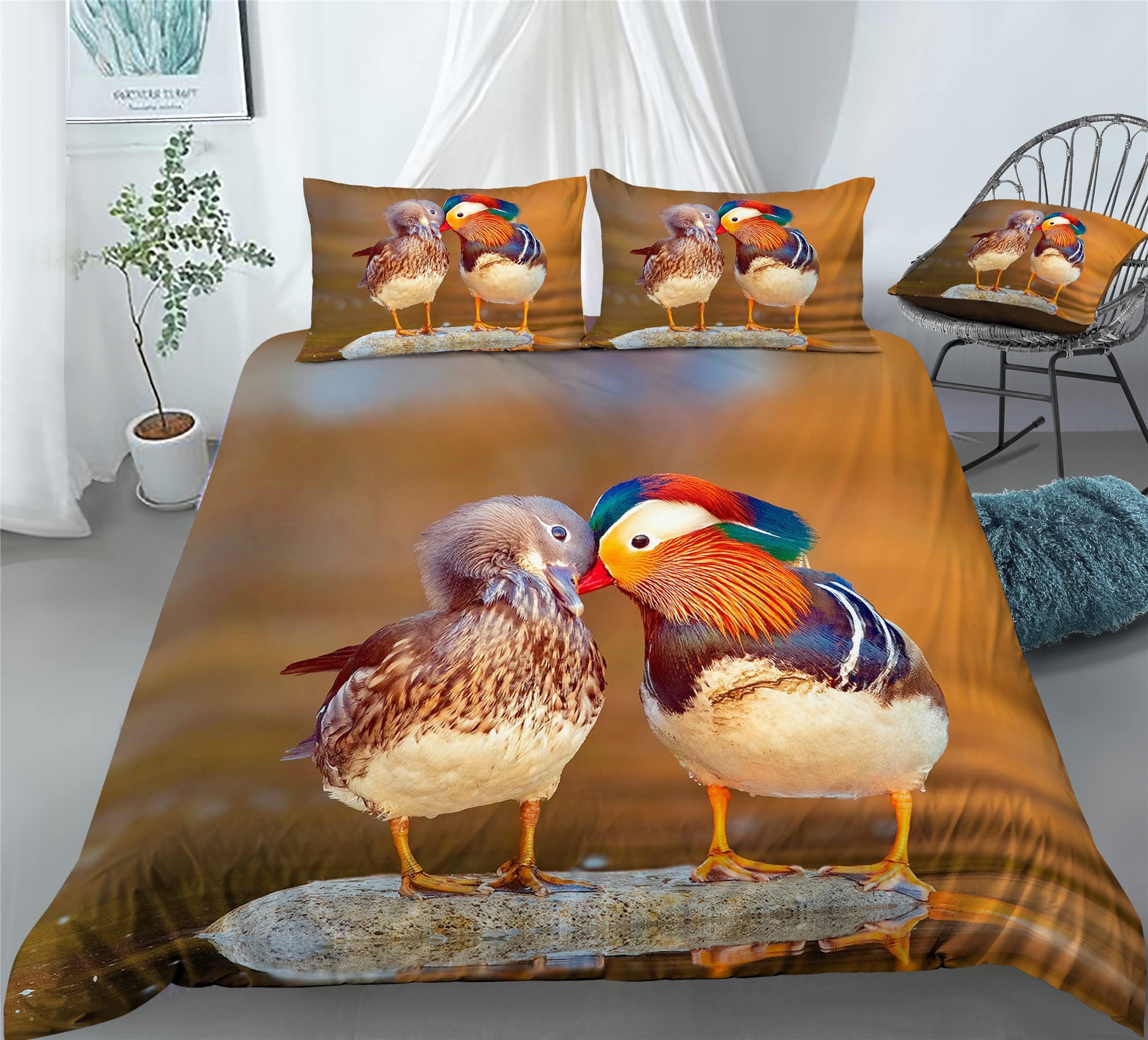 Boasorte Romantic Mandarin Duck Prints Duvet Cover Set | Wildlife Elegant Waterfowl Love Symbol Design Bedding Set | with Soft Duvet Cover+2 Pillow Shams(3pcs) or Sheet (4pcs) (B,Twin-4PCS)