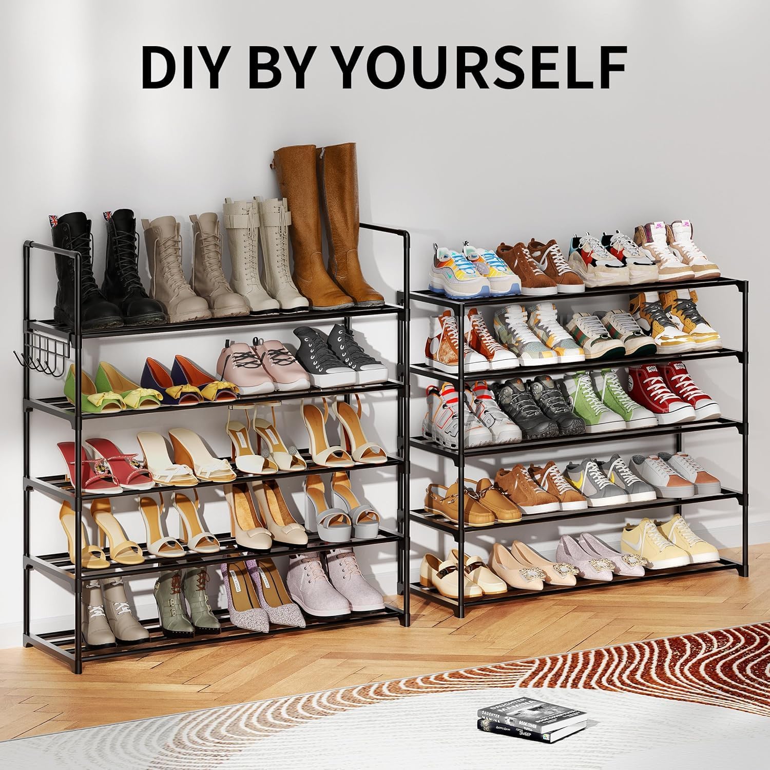 HOMICKER Metal Shoe Organizer,5 Tiers Shoe Storage Shoe Rack with Hooks,Fit 20-25 Pairs,Adjustable Shoe Shelf for Entryway,Hallway,Bedroom,Metal Bottom Support