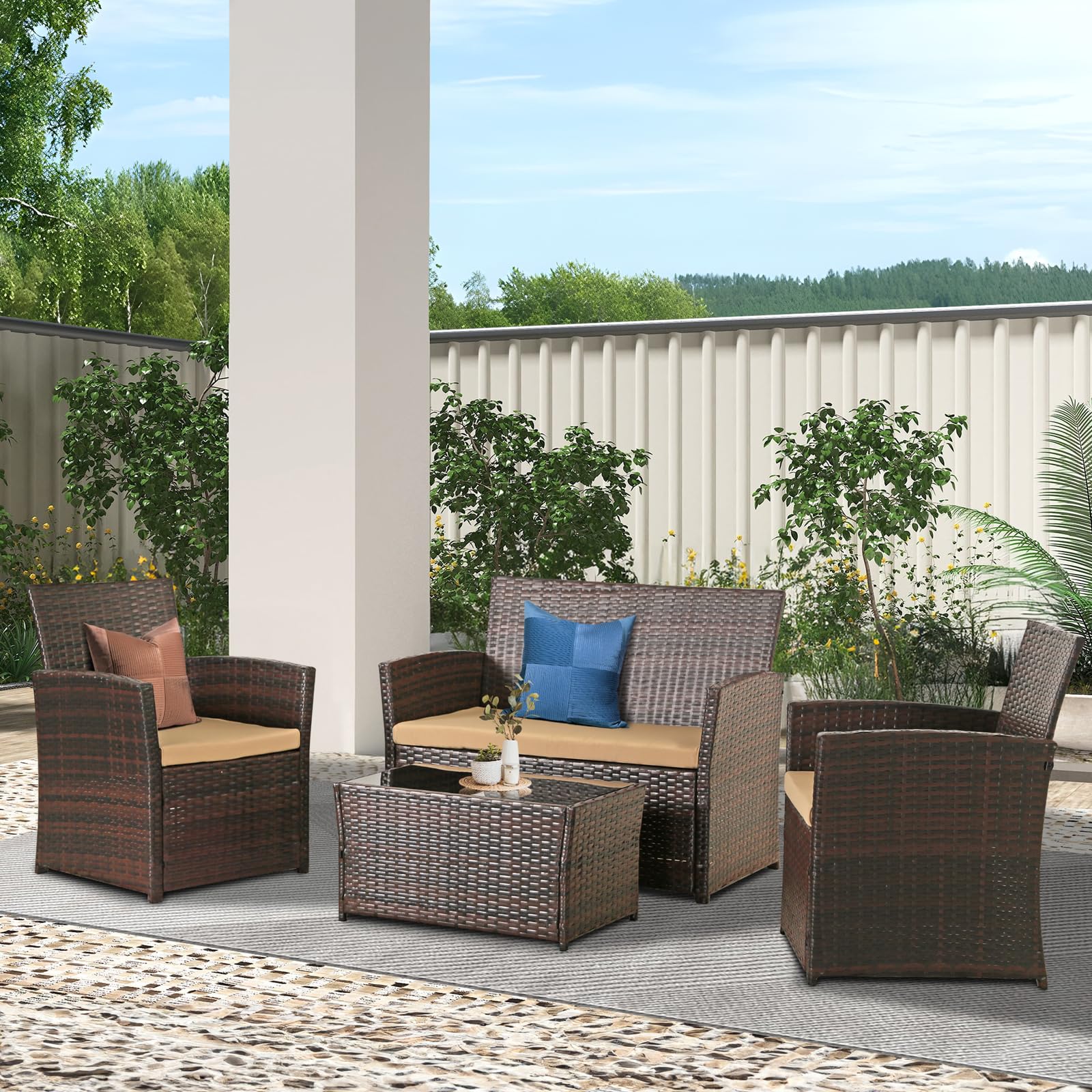 HYDRAGARDEN 4 Piece Patio Furniture Set, Outdoor Wicker Conversation Sets with Cushion, Rattan Sofa Chair for Backyard Lawn Garden (Brown Wicker/Brown Cushion)