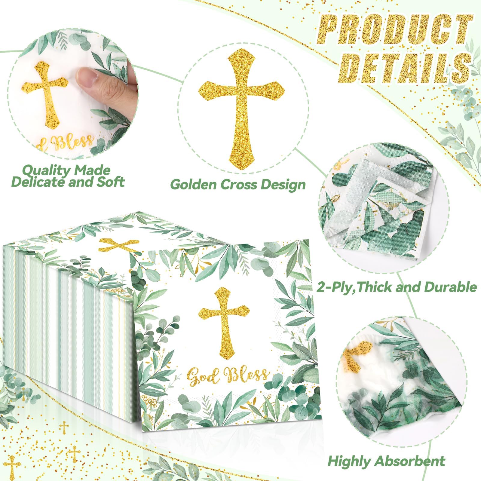 100Pcs God Bless Napkins Baptism Napkins First Holy Communion Mi Bautizo Napkins Cross Religious Paper Napkins for Newborn Baby Shower Party Christening Religious Party Decorations