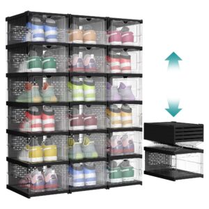 songmics foldable shoe boxes, pack of 18 stackable shoe storage organizer, set of 3 integraed shoe cabinets, portable, fit up to us size 13, 60s assembly, transparent and ink black ulsp207b01