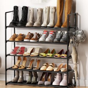 HOMICKER Metal Shoe Organizer,5 Tiers Shoe Storage Shoe Rack with Hooks,Fit 20-25 Pairs,Adjustable Shoe Shelf for Entryway,Hallway,Bedroom,Metal Bottom Support