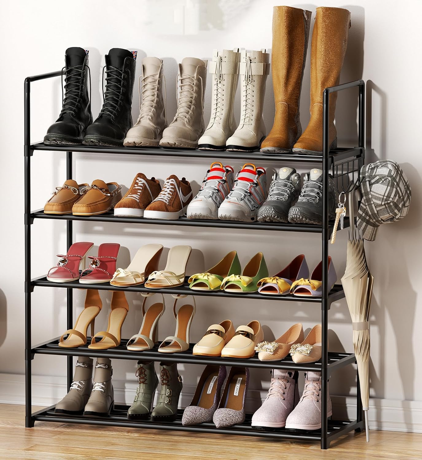 HOMICKER Metal Shoe Organizer,5 Tiers Shoe Storage Shoe Rack with Hooks,Fit 20-25 Pairs,Adjustable Shoe Shelf for Entryway,Hallway,Bedroom,Metal Bottom Support