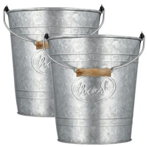 autumn alley farmhouse 2 pack bathroom trash can - rustic galvanized trash can bucket with wooden grip for rustic bathroom, farmhouse kitchen, country home décor, 7 liter, galvanized grey