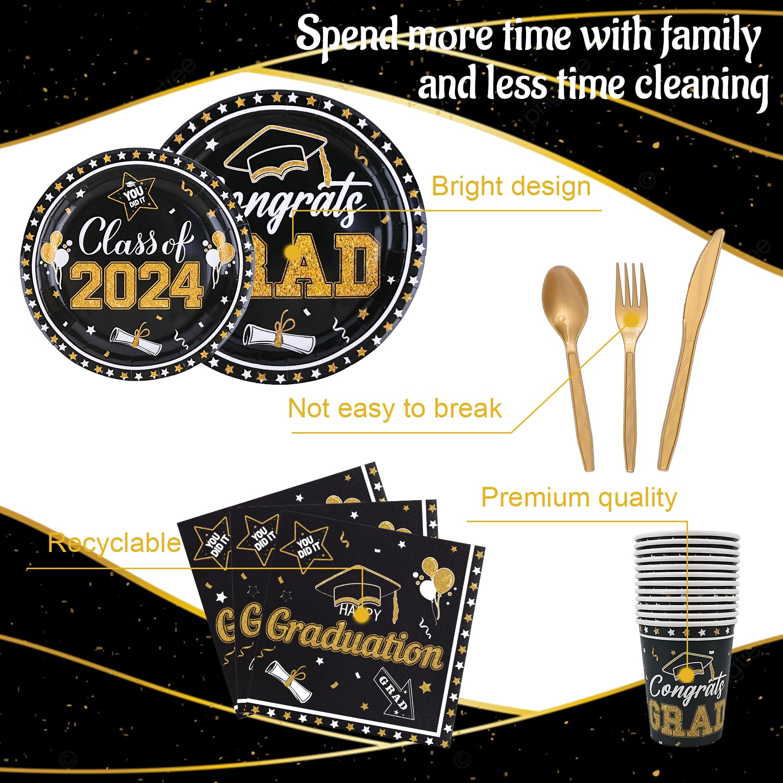 168PCS Graduation Party Decorations Dinnerware Set - Class of 2024 Decorations - Plates Napkins Cups Knife Fork Spoon(Black-Gold)