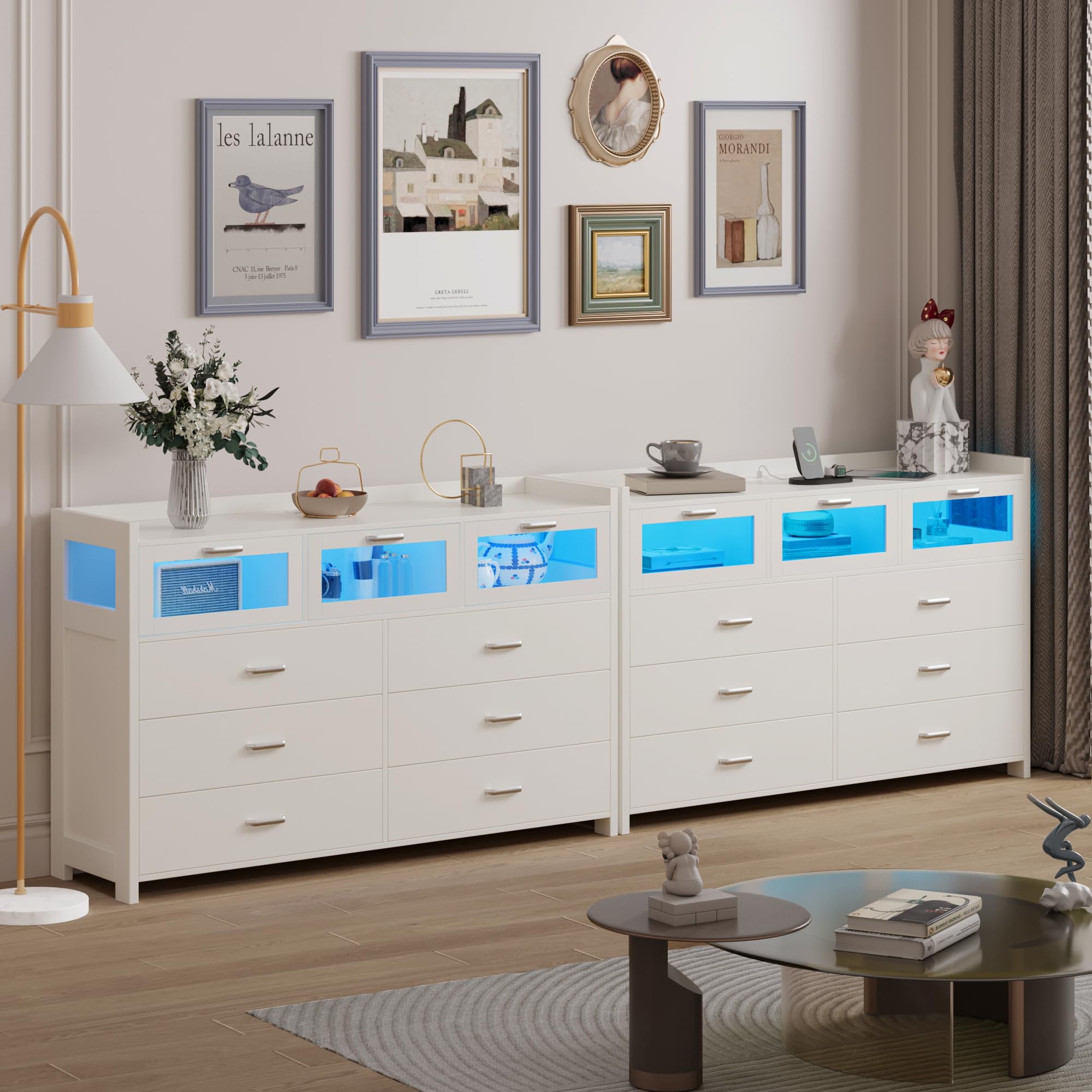 Whalefall White Dresser for Bedroom with 9 Drawers, Chests of Drawers with LED Lights and Charging Station, Modern Dresser with 3 Visual Drawers, Wood Wide LED Dresser for Bedroom, Closet,Entryway