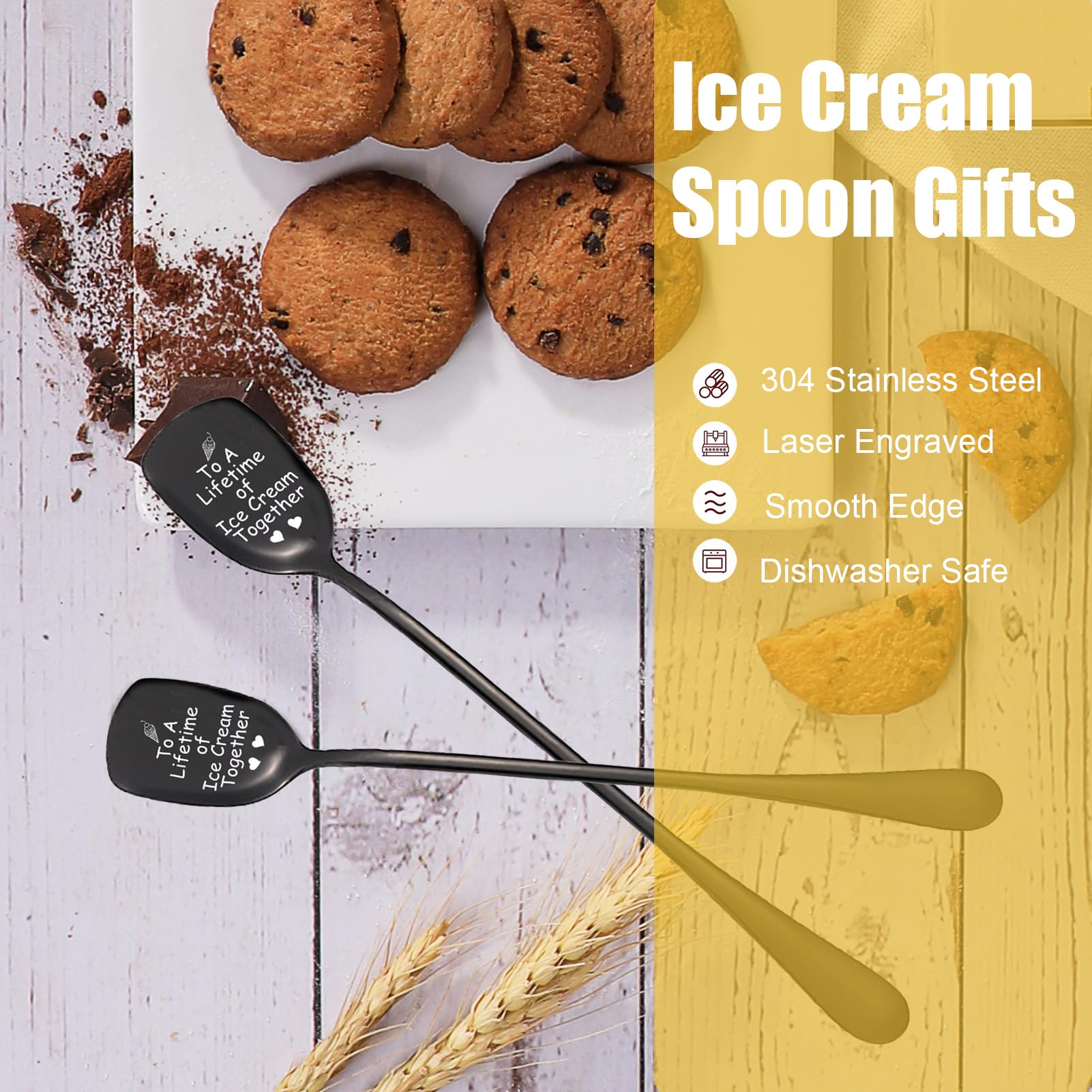 To A Lifetime of Ice Cream Together Gifts For Couple, 2PCS Spoon Christmas Wedding Gifts For Couple,Anniversary Birthday Valentine’s Day Gifts For Lover,Unique Wedding Engagement Gifts (BLACK)