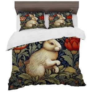 fchen art bunny garden floral bedding set 100% cotton vintage rabbit duvet cover large flower cottagecore bedding romantic animal floral theme duvet cover (1 duvet cover and 2 pillowcases) king size