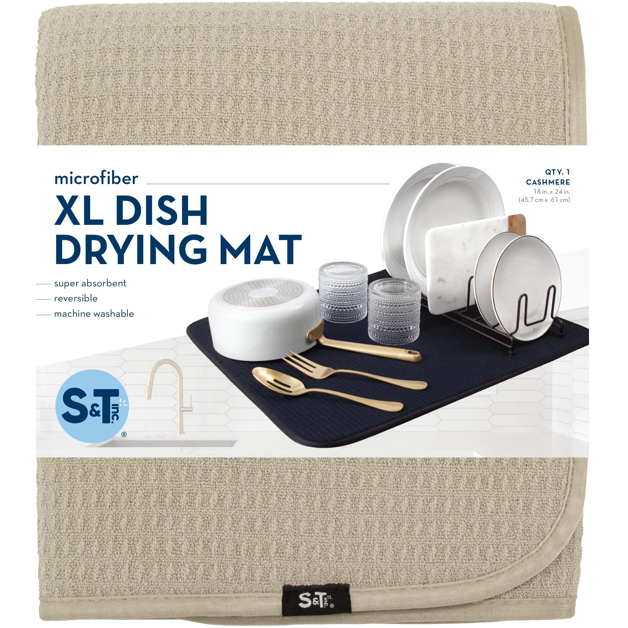 S&T INC. Dish Drying Mat XL, Highly Absorbent Microfiber Kitchen Counter Mat, Dish Drying Pad for Dishes, Utensils, Pots and Pans, Extra Large 18" x 24", Pure Cashmere