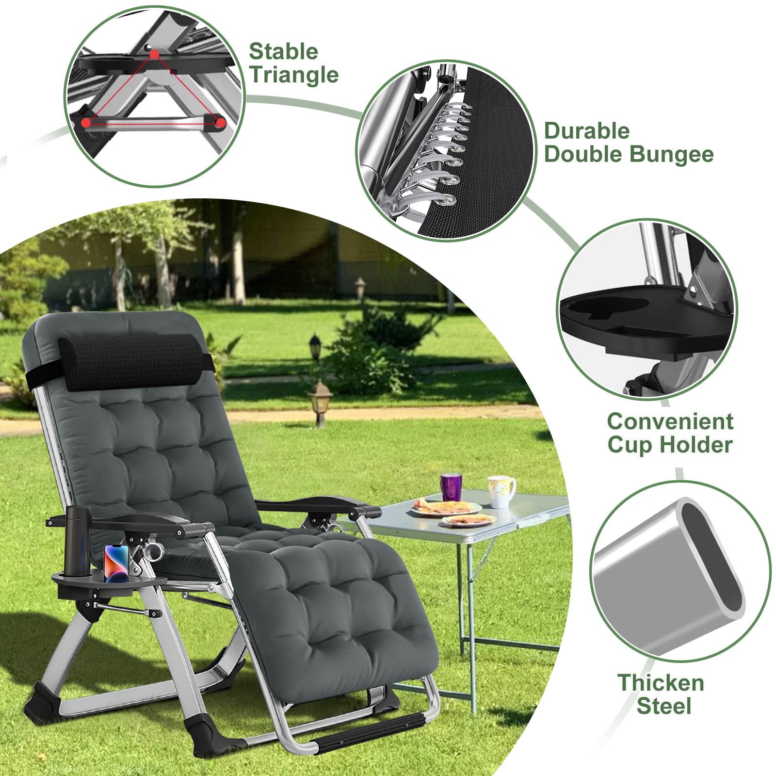 Barbella Zero Gravity Chair Reclining Lounge Chair Patio Chairs, Adjustable Lawn Recliner Folding Lounge Recliners with Removable Cushion, Headrest & Cup Holder, Reclining Chair for Indoor and Outdoor