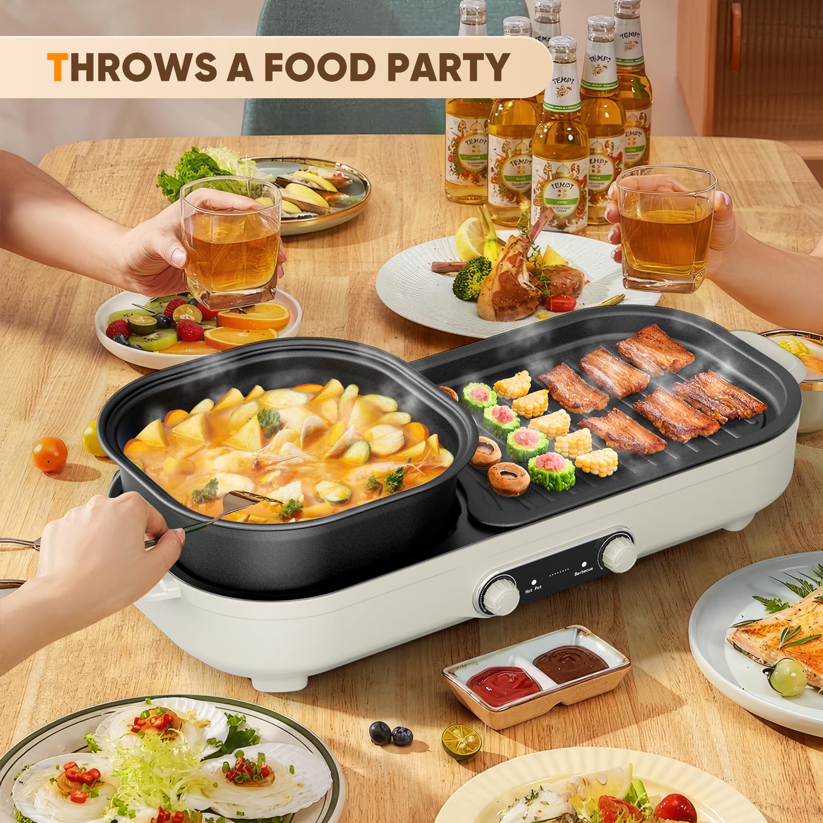 Hot Pot Electric with Grill - Korean BBQ Grill Indoor and Shabu Shabu Pot, Removable Hotpot Pot & KBBQ Grill,- Non-Stick, Adjustable Temperature, Family Size