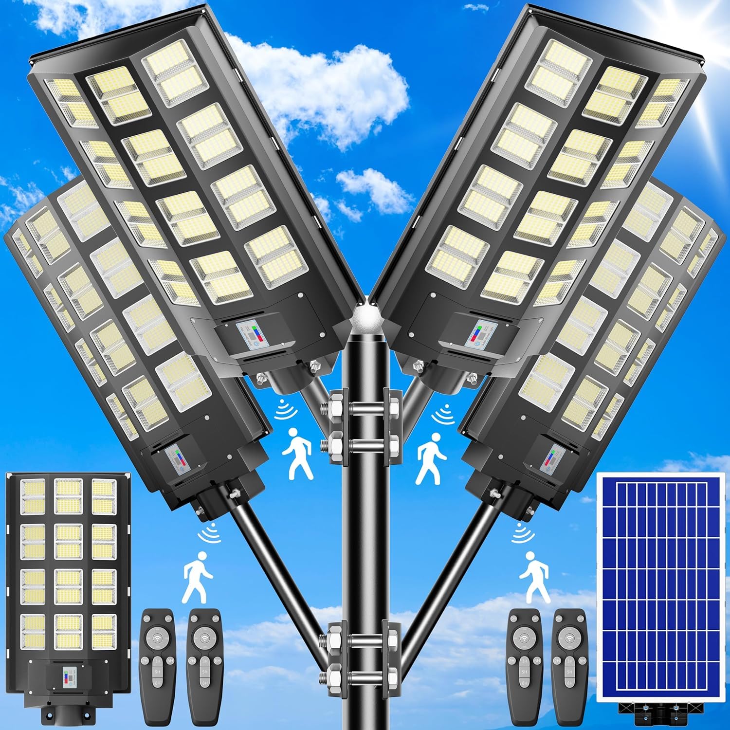 loyoele 4-Pack 3200W Solar Street Light,Solar Street Lights Outdoor Waterproof, 240000LM 7000K Solar Powered Street Light,Dusk to Dawn,with Motion Sensor,LED Wide Angle Lamp