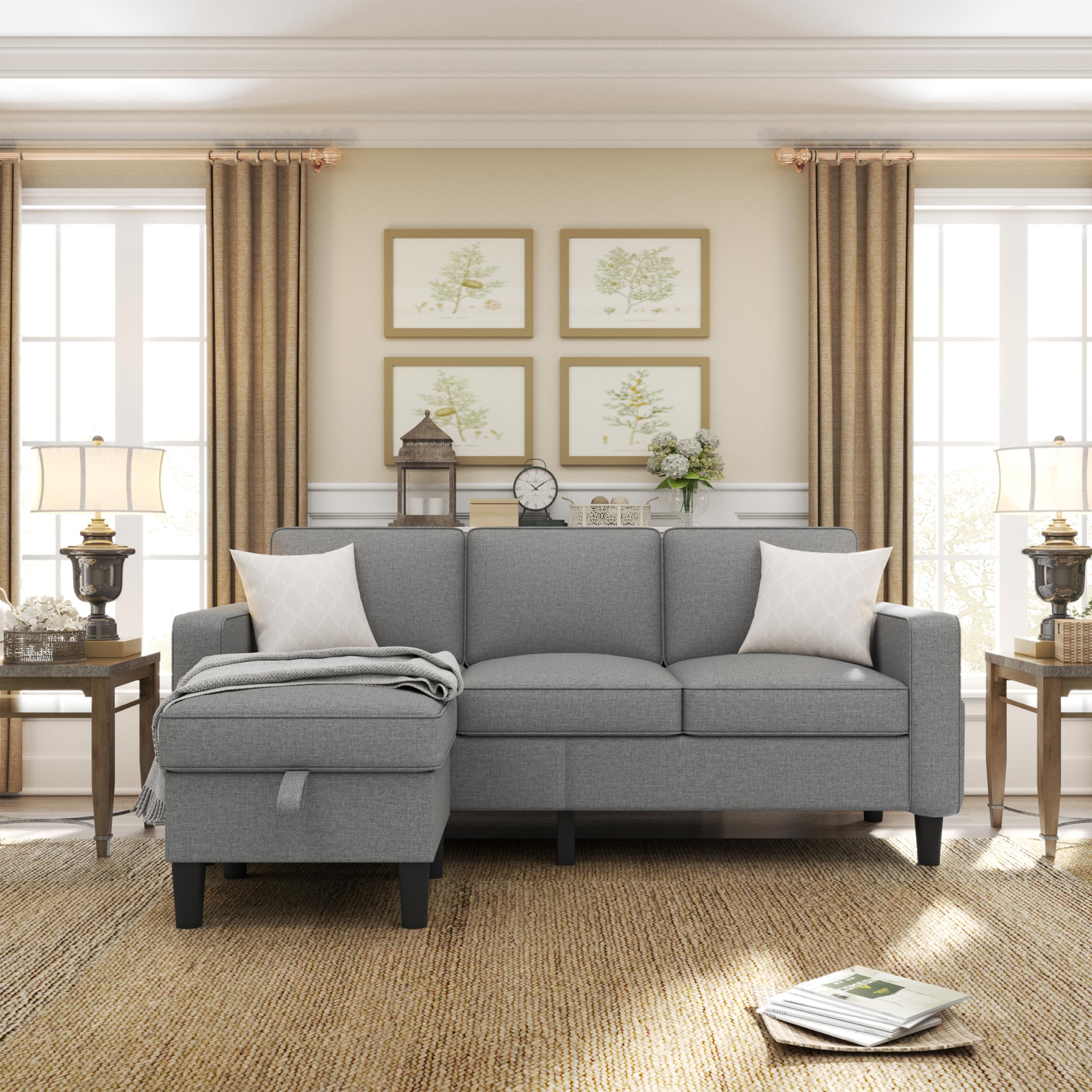 ZeeFu Convertible Sectional Sofa Couch: 78'' Light Gray 3 Seat L-Shaped Sofa Couches with Storage Ottoman - Modern Linen Fabric Upholstered Furniture Sofa for Living Room Office Small Space Apartment