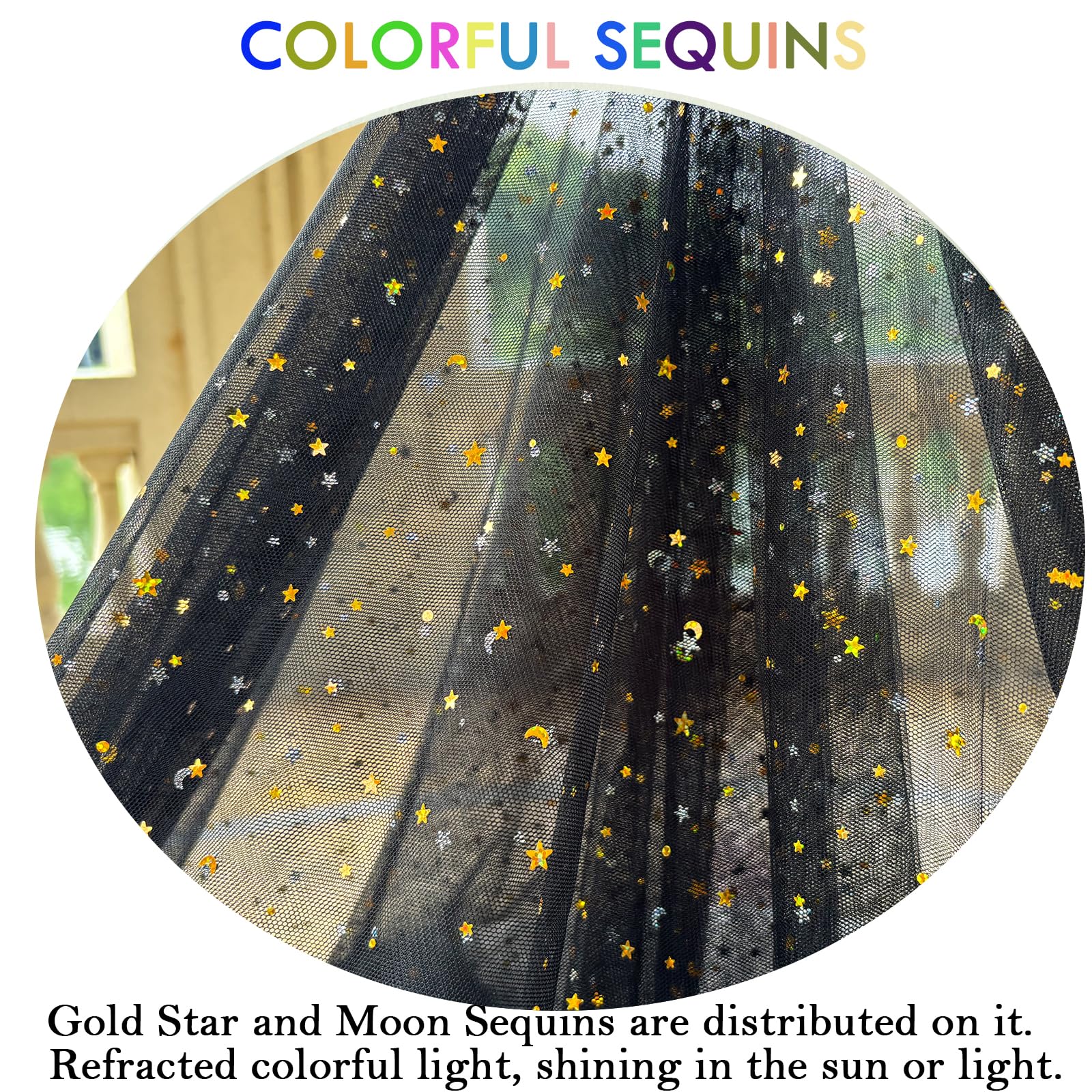 Black Glitter Tulle Fabric Rolls 63 inch by 5 Yards Gold Star Moon Sequin Tulle Netting Fabric for Tutu Skirt Sewing DIY Crafts Wedding Birthday Baby Shower