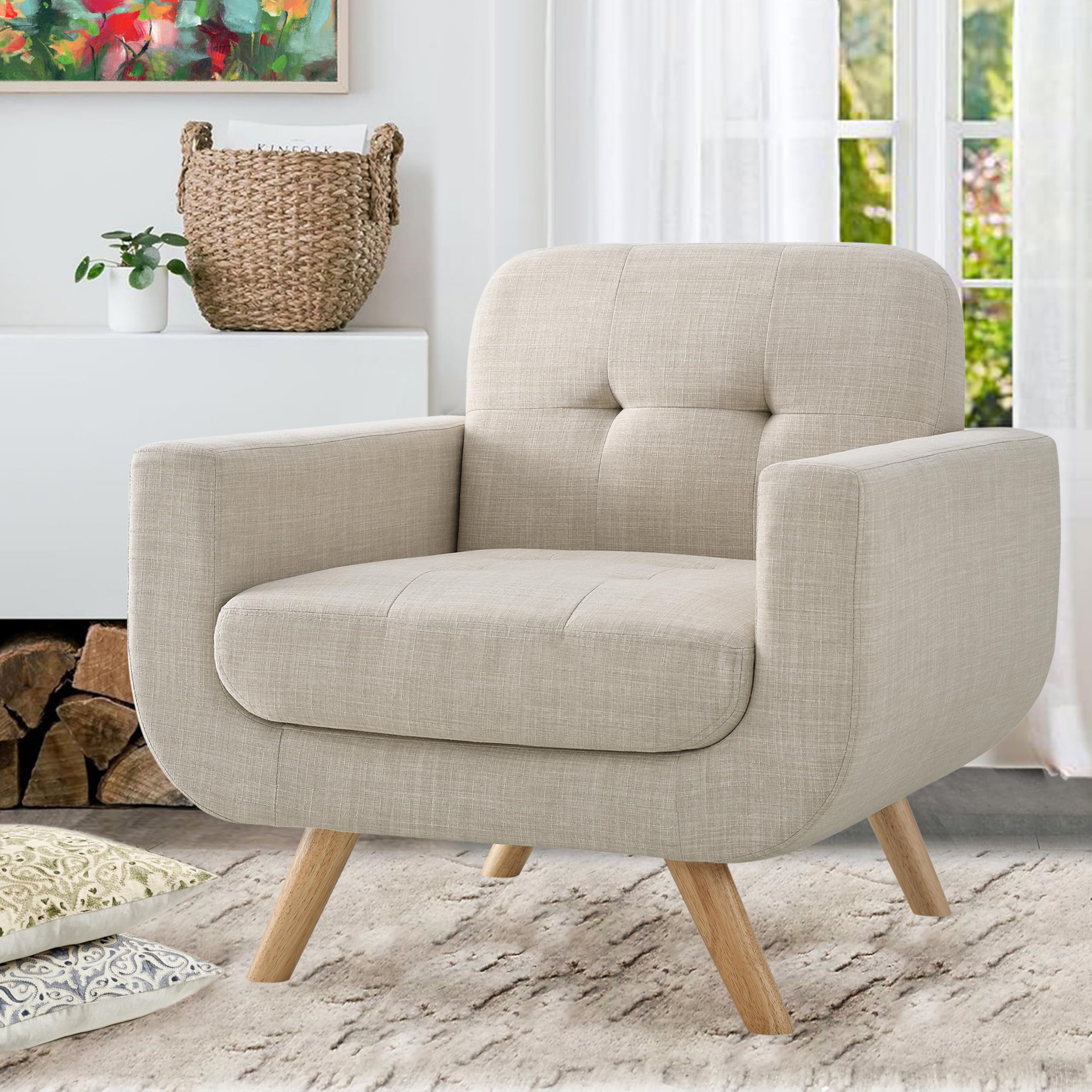 Rosevera Rylee 30”Accent Fabric Upholstered Arm Tufted Comfy for Reading in Bedroom,Living Room, Sofa Chair,Armchair for Small Space,Wood Legs, Standard, Classic Beige