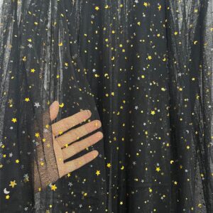 Black Glitter Tulle Fabric Rolls 63 inch by 5 Yards Gold Star Moon Sequin Tulle Netting Fabric for Tutu Skirt Sewing DIY Crafts Wedding Birthday Baby Shower