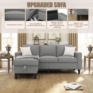 ZeeFu Convertible Sectional Sofa Couch: 78'' Light Gray 3 Seat L-Shaped Sofa Couches with Storage Ottoman - Modern Linen Fabric Upholstered Furniture Sofa for Living Room Office Small Space Apartment