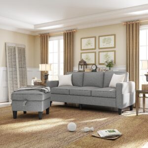 zeefu convertible sectional sofa couch: 78'' light gray 3 seat l-shaped sofa couches with storage ottoman - modern linen fabric upholstered furniture sofa for living room office small space apartment