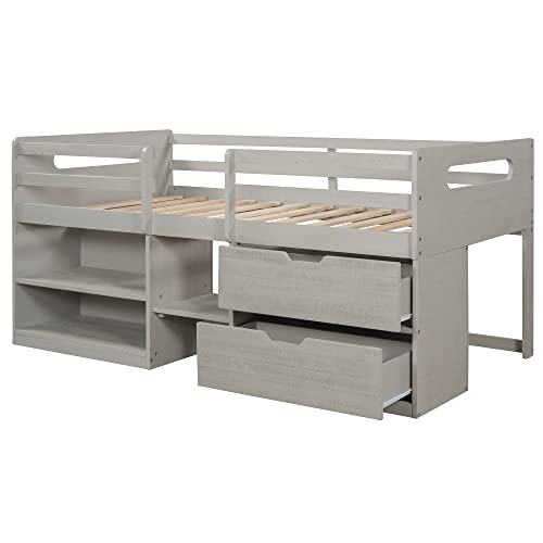 DRELOFT Twin Size Low Loft Bed with 2 Storage Shelves and 2 Drawers, Wooden Storage Bed Loftbed Frame for Kids Boys Girls Bedroom, No Box Spring Needed, Antique Gray