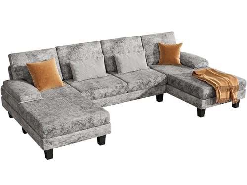 Shahoo Sectional Couch Living Room Sets Chenille Fabric U-Shaped Sofa with Double Chaises, Dark Gray