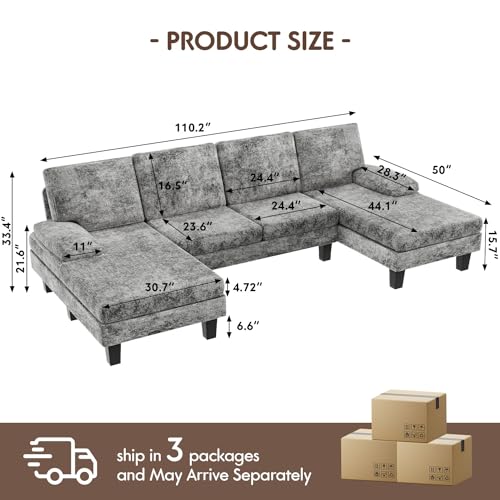 Shahoo Sectional Couch Living Room Sets Chenille Fabric U-Shaped Sofa with Double Chaises, Dark Gray