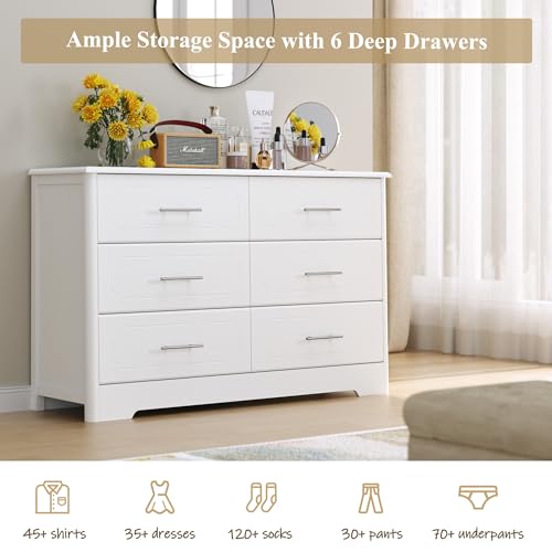 HOSATCK 6 Drawer Dresser, Modern White Double Dresser, Wide Chest of Drawers with Metal Handels, Accent Wood Storage Dresser Chest Organizers for Living Room, Hallway, Entryway (Trapezoid/White)