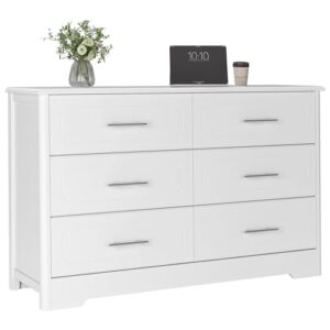 HOSATCK 6 Drawer Dresser, Modern White Double Dresser, Wide Chest of Drawers with Metal Handels, Accent Wood Storage Dresser Chest Organizers for Living Room, Hallway, Entryway (Trapezoid/White)