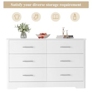 HOSATCK 6 Drawer Dresser, Modern White Double Dresser, Wide Chest of Drawers with Metal Handels, Accent Wood Storage Dresser Chest Organizers for Living Room, Hallway, Entryway (Trapezoid/White)