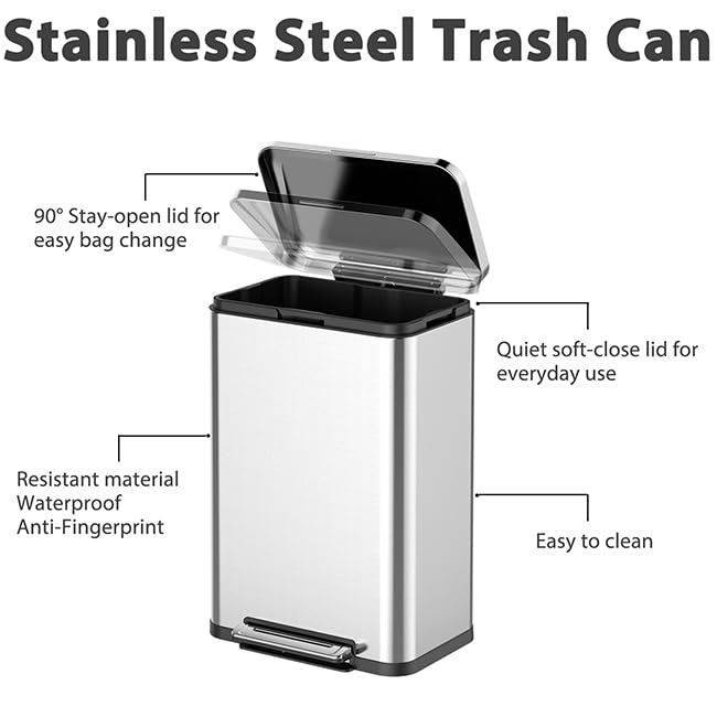 GAOMON 13 + 2.1 Gallon Kitchen Trash Can Combo Set, Stainless Steel Step-on Trash Bin, Fingerprint-Proof Garbage Can with Lid for Office Bedroom Bathroom, 50 Liter and 8 Liter Capacity