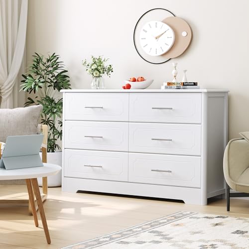 HOSATCK 6 Drawer Dresser, Modern White Double Dresser, Wide Chest of Drawers with Metal Handels, Accent Wood Storage Dresser Chest Organizers for Living Room, Hallway, Entryway (Trapezoid/White)