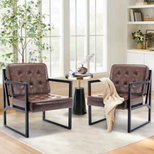 COLAMY Mid Century Modern Accent Chair Set of 2, Comfy Living Room Chair, Brown Leather Accent Chair, Faux Leather Reception Armchair with Metal Legs for Living Room Bedroom Reception Office, Brown