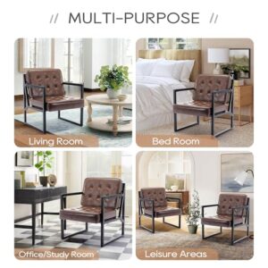 COLAMY Mid Century Modern Accent Chair Set of 2, Comfy Living Room Chair, Brown Leather Accent Chair, Faux Leather Reception Armchair with Metal Legs for Living Room Bedroom Reception Office, Brown