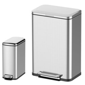 gaomon 13 + 2.1 gallon kitchen trash can combo set, stainless steel step-on trash bin, fingerprint-proof garbage can with lid for office bedroom bathroom, 50 liter and 8 liter capacity