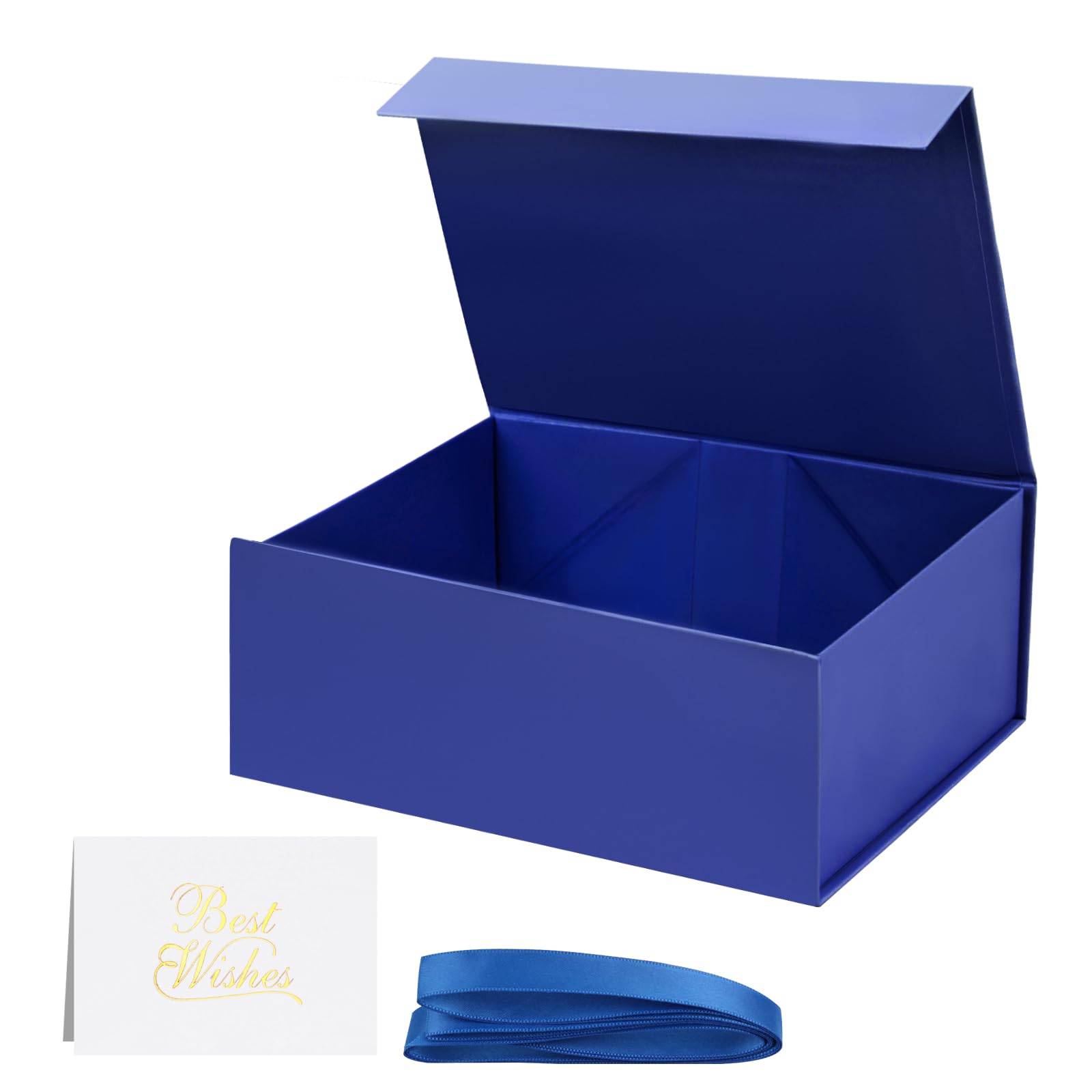 JOHOUSE Gift Box with Magnetic Closure Lid, 9x7x4inch Blue Collapsible Gift Box with Ribbon Greeting Card Envelope for Wedding Bridesmaid Gift Graduation Birthday