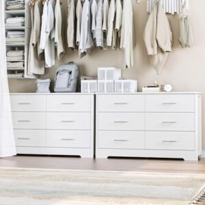 HOSATCK 6 Drawer Dresser, Modern White Double Dresser, Wide Chest of Drawers with Metal Handels, Accent Wood Storage Dresser Chest Organizers for Living Room, Hallway, Entryway (Trapezoid/White)