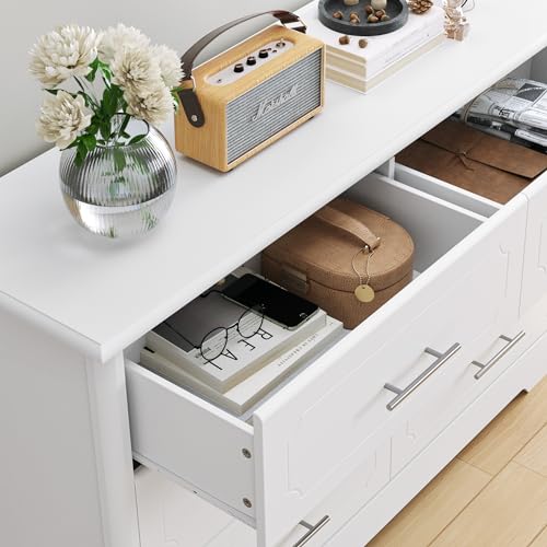 HOSATCK 6 Drawer Dresser, Modern White Double Dresser, Wide Chest of Drawers with Metal Handels, Accent Wood Storage Dresser Chest Organizers for Living Room, Hallway, Entryway (Trapezoid/White)