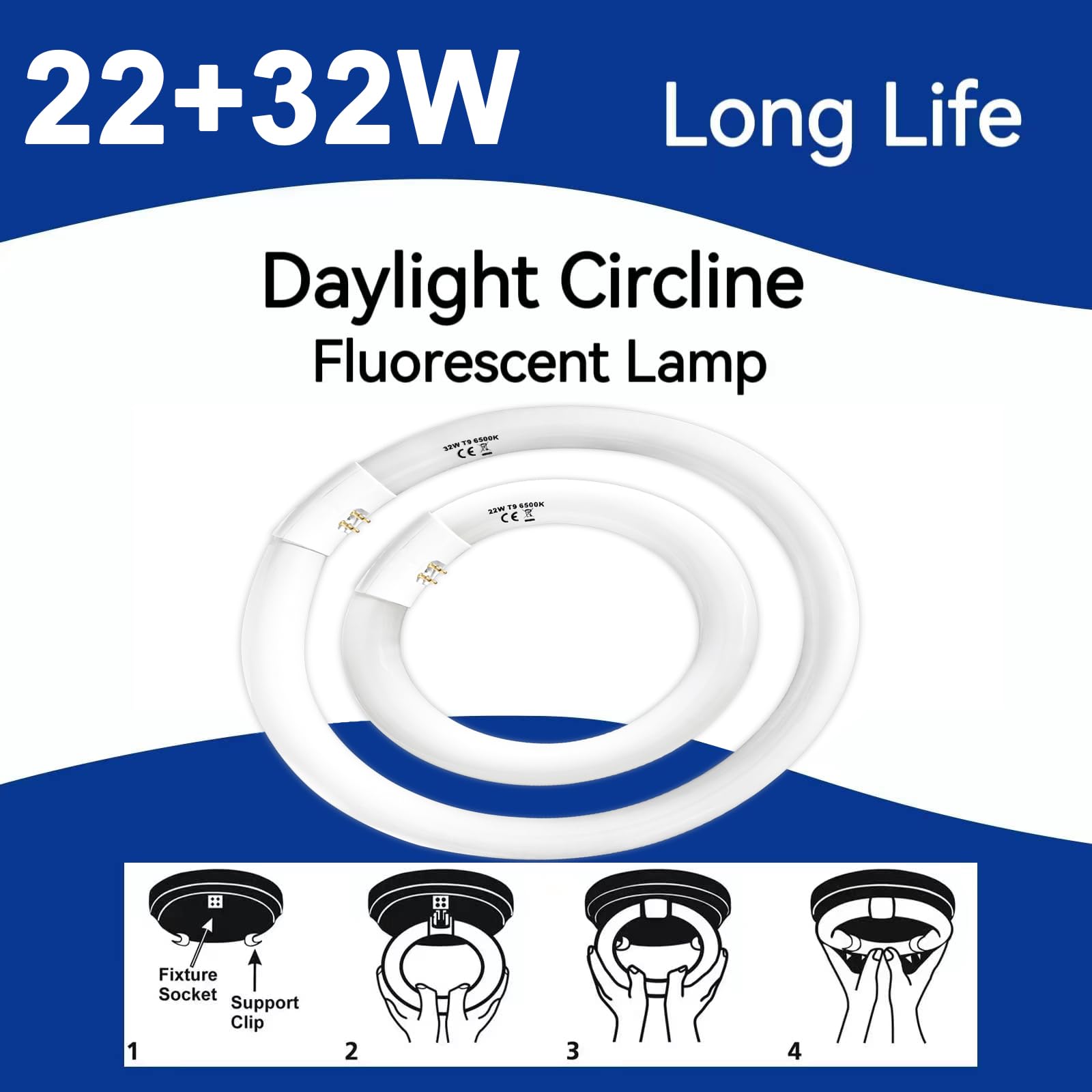 Celiwace FC8T9 22W and FC12T9 32W Set, 8 inch T9 22 Watts Circular Light Bulbs, 12 inch 32 Watts Circline Fluorescent Bulb CRI 80, Daylight 6500K, 3350 Lumen G10q