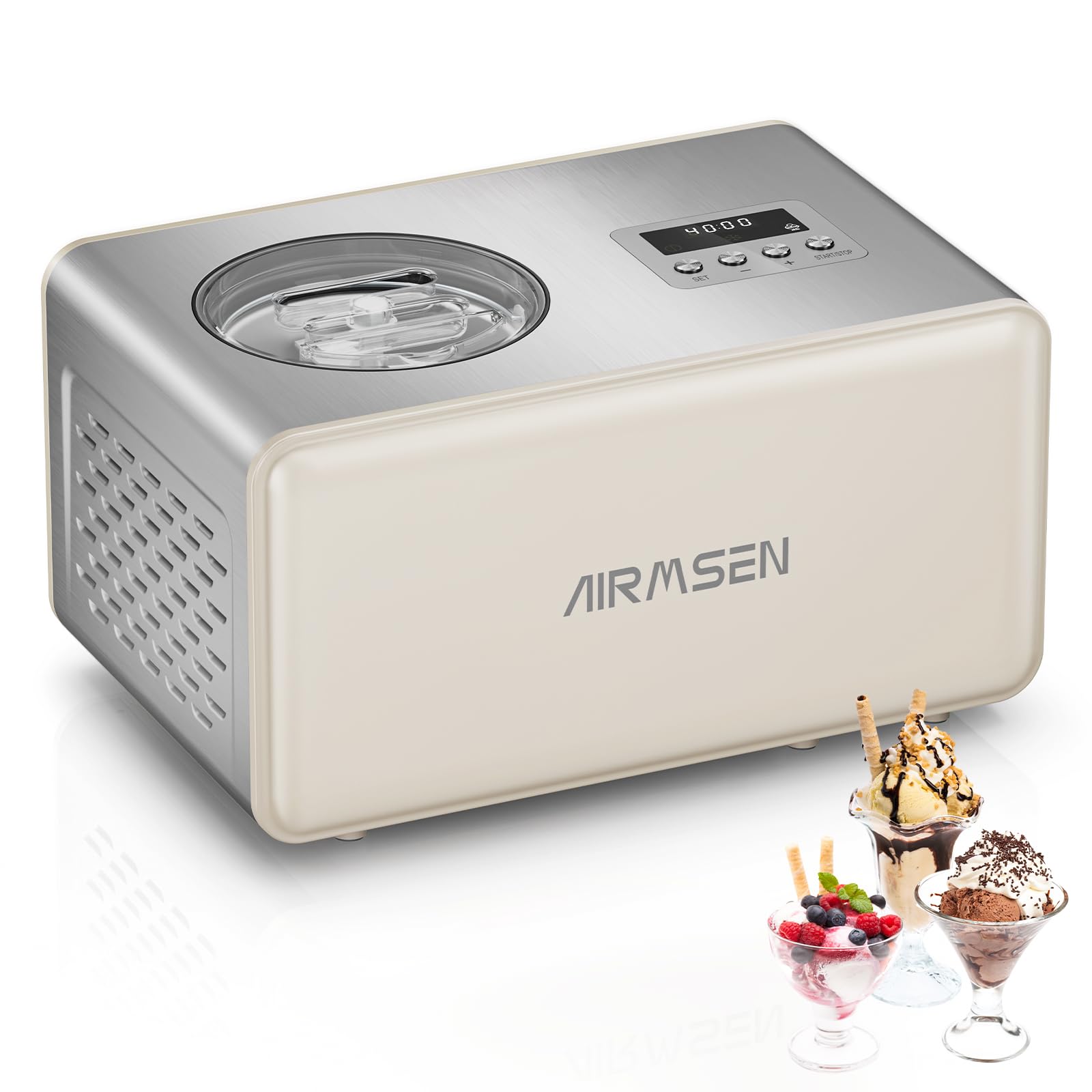 AIRMSEN 2.1-Quart Ice Cream Maker Machine with Built-in Compressor, No Pre-Freezing Required, Fully Automatic Frozen Treats Maker with LED Display & Timer, 72-Minute Cooling Function, Stainless Steel