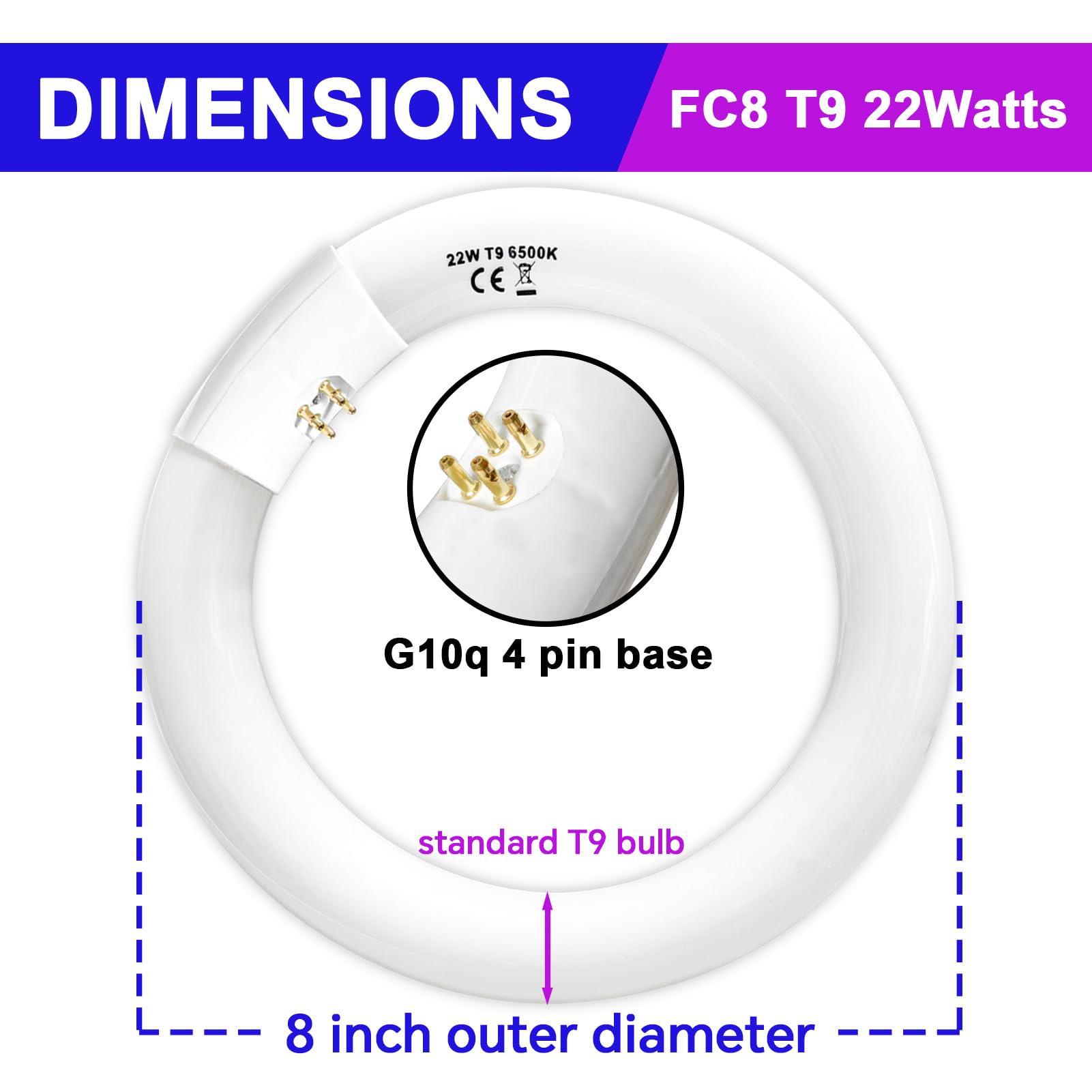 Celiwace FC8T9 22W and FC12T9 32W Set, 8 inch T9 22 Watts Circular Light Bulbs, 12 inch 32 Watts Circline Fluorescent Bulb CRI 80, Daylight 6500K, 3350 Lumen G10q