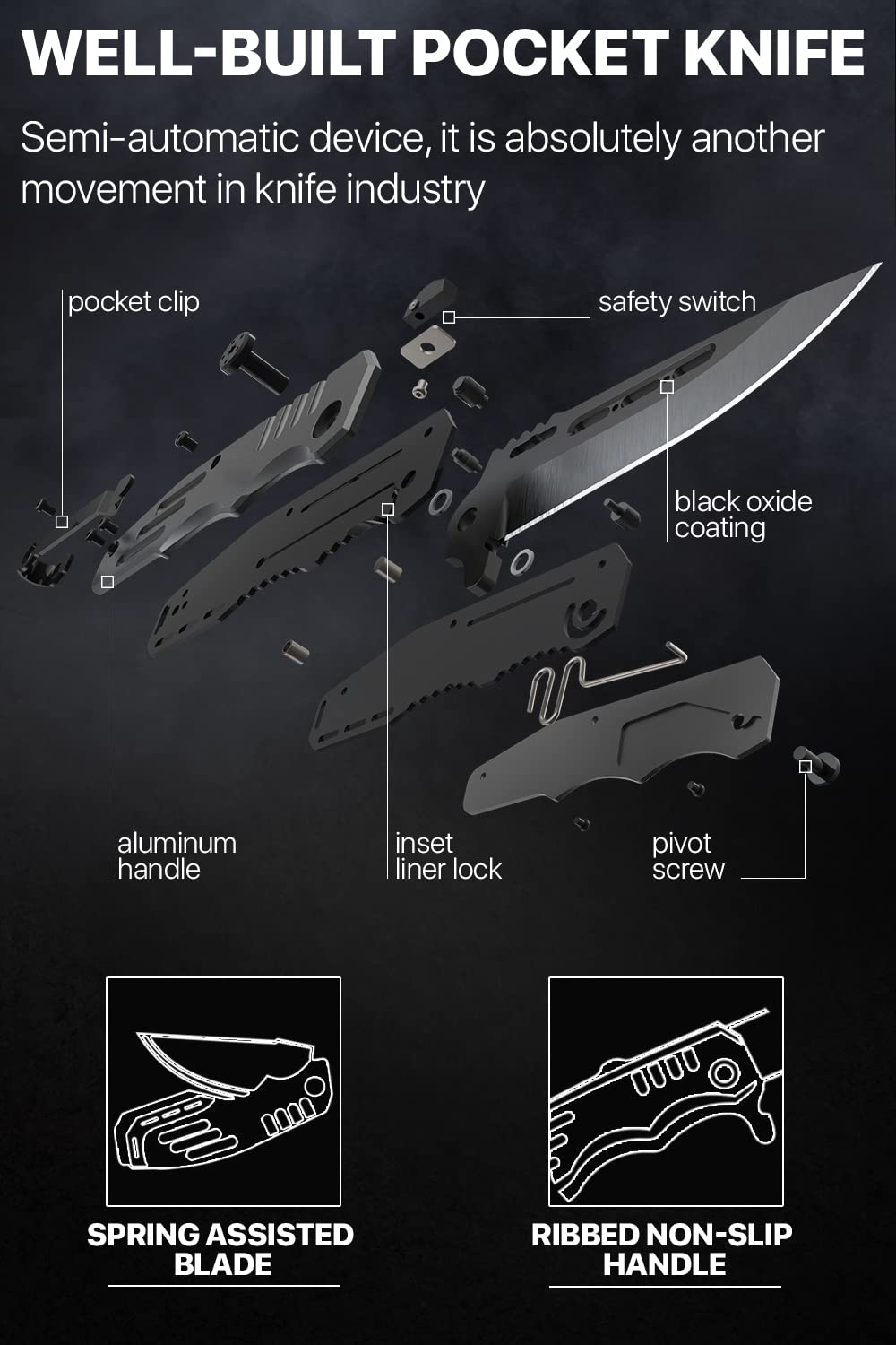 Spring Assisted Knife - Pocket Knives for Men - Folding Knife - Military Style - Tactical Knife - Good for Camping Hunting Survival Indoor and Outdoor Activities Mens Gift 6681 NE